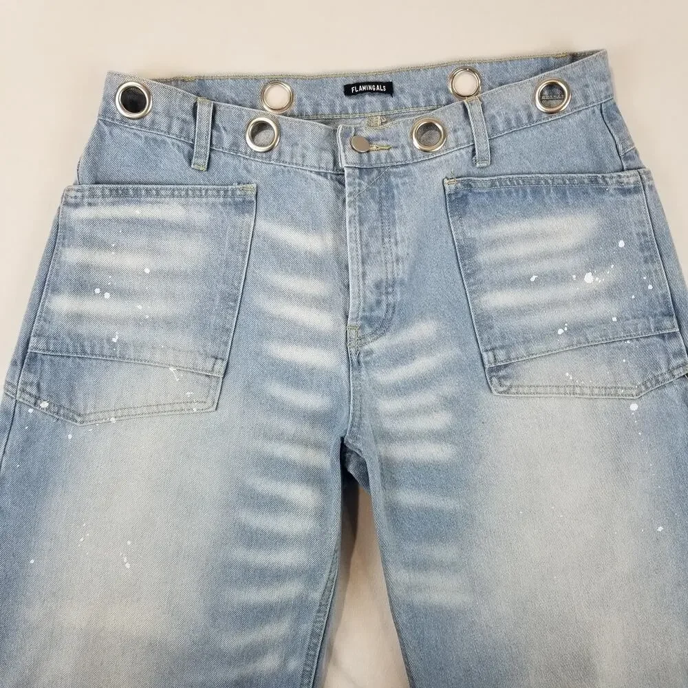 Flamingals Jeans Womens XL Moxie Barrel Low Slung Paint Splatter Grommet Tie - Picture 6 of 12